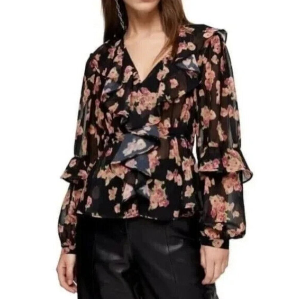 Topshop Black Floral Print Ruffle V Neck Women's Blouse Long Puff Sleeve Size 6 - Picture 2 of 5